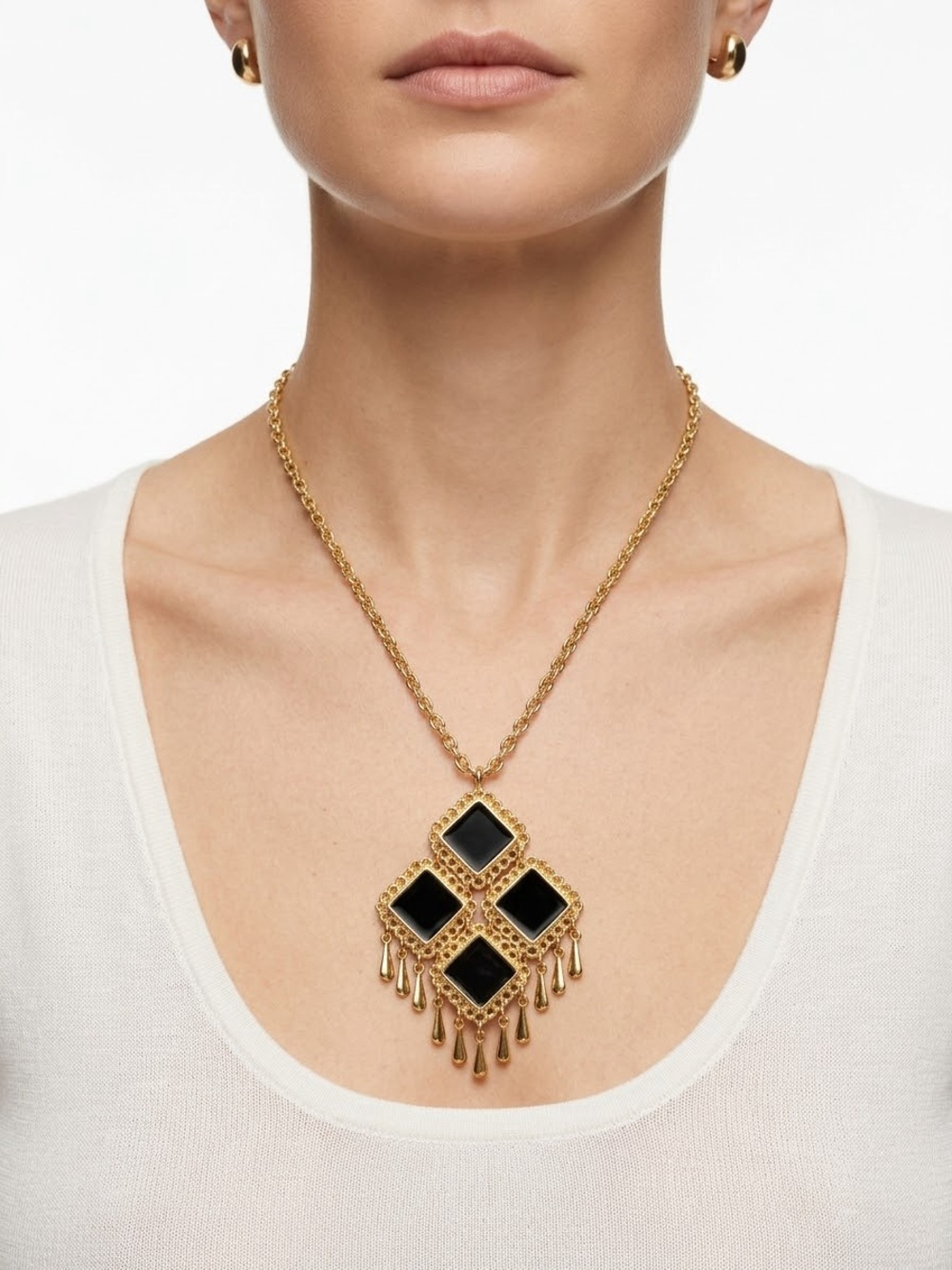 Celebrity NY Gold-Tone Black White Reversable Tile Pendant Necklace